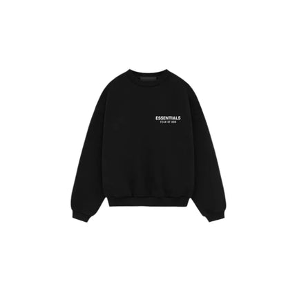 Black Fear of God Essentials Kids Fleece Crewneck with printed ESSENTIALS text