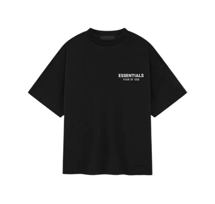 Black Fear of God Essentials Kids Jersey Crewneck Tee with ’ESSENTIALS’ text on chest