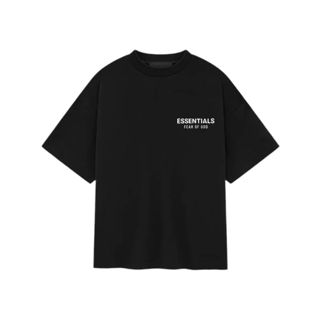 Black Fear of God Essentials Kids Jersey Crewneck Tee with ’ESSENTIALS’ text on chest