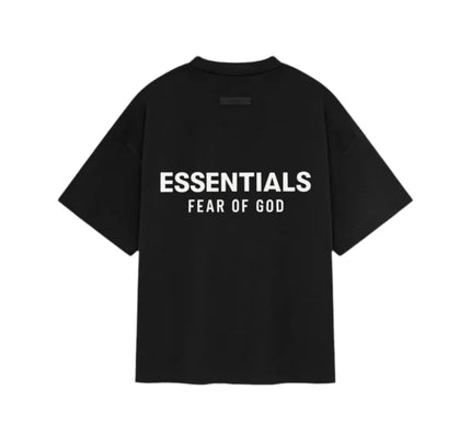 Black Fear of God Essentials Kids Jersey Crewneck Tee with white printed text design