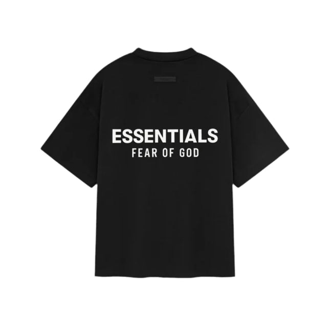 Black Fear of God Essentials Kids Jersey Crewneck Tee with white printed text design