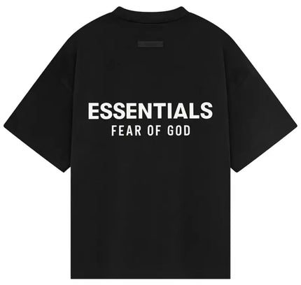 Black Fear of God Essentials Kids Jersey Crewneck Tee with white lettering, size guide available