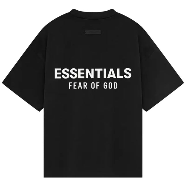 Black Fear of God Essentials Kids Jersey Crewneck Tee with white lettering, size guide available