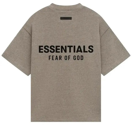 Gray Fear of God Essentials Kids Jersey Crewneck Tee with black lettering, size guide available