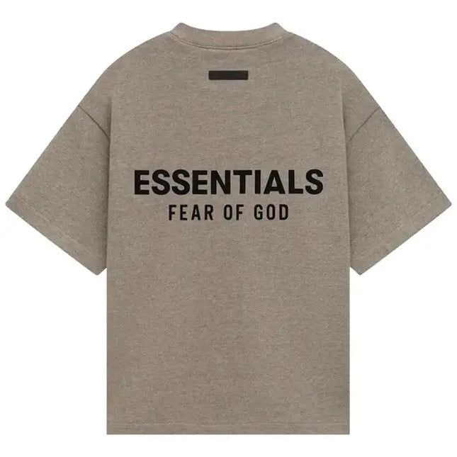 Gray Fear of God Essentials Kids Jersey Crewneck Tee with black lettering, size guide available