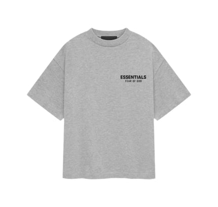 Gray Fear of God Essentials Kids Jersey Crewneck Tee featuring ESSENTIALS text