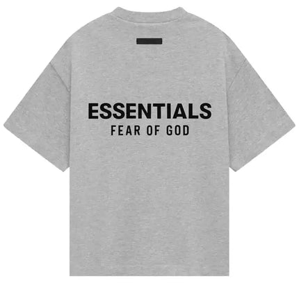 Gray short-sleeved Fear of God Essentials Kids Jersey Crewneck Tee with size guide