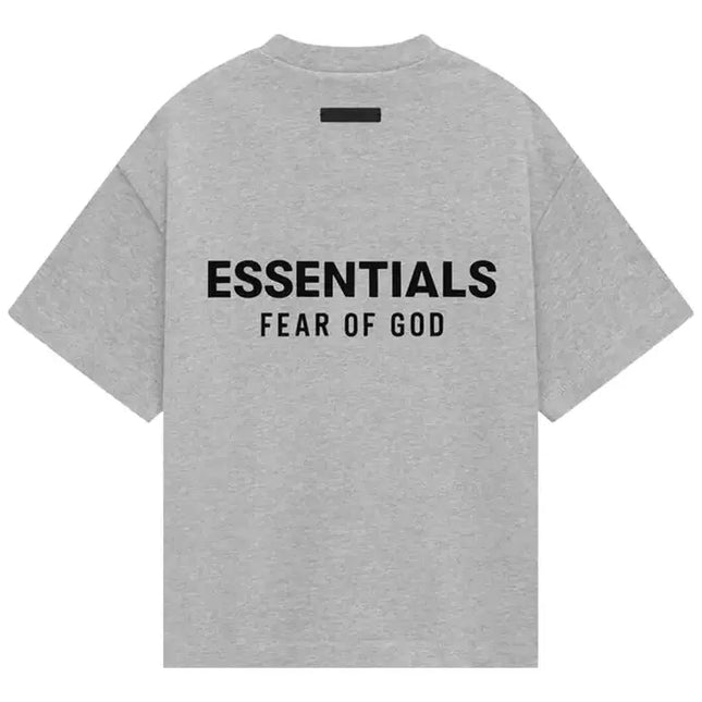 Gray short-sleeved Fear of God Essentials Kids Jersey Crewneck Tee with size guide