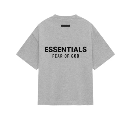 Gray Fear of God Essentials Kids Jersey Crewneck Tee with black printed text