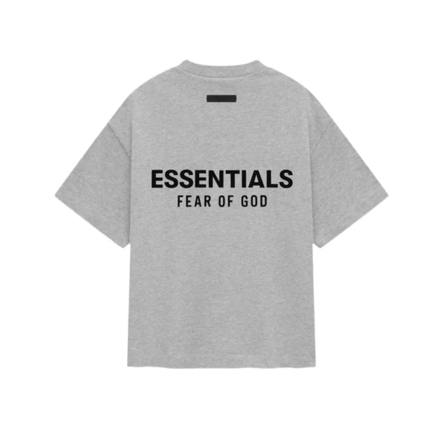 Gray Fear of God Essentials Kids Jersey Crewneck Tee with black printed text