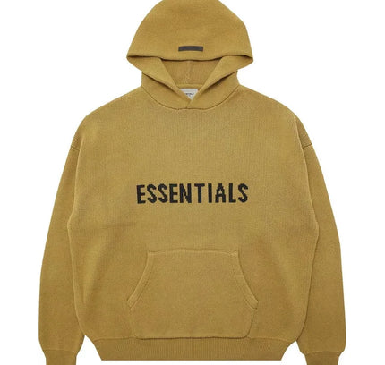 Mustard yellow Fear of God Essentials Knit Pullover Hoodie with ESSENTIALS text