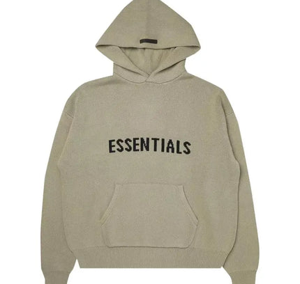 Beige Fear of God Essentials Knit Pullover Hoodie with printed text across the chest