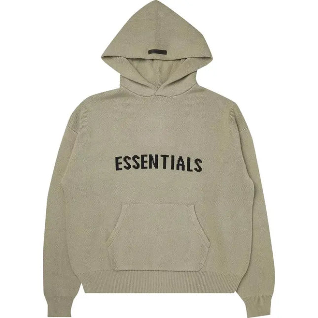 Beige Fear of God Essentials Knit Pullover Hoodie with printed text across the chest