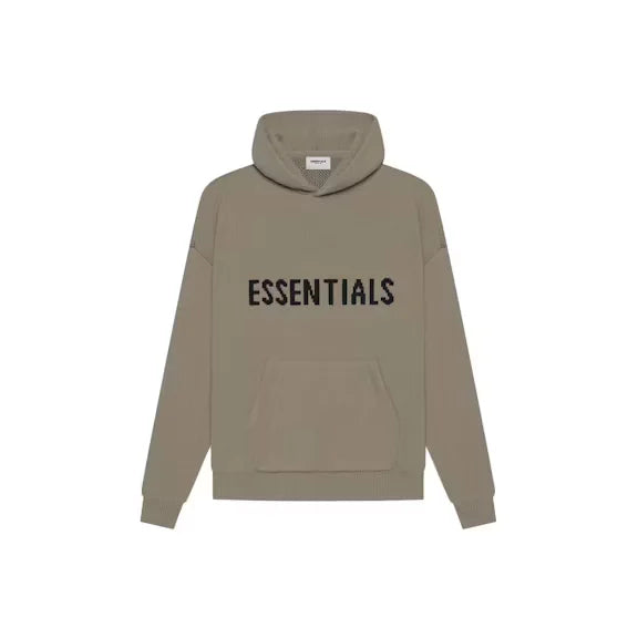 Taupe-colored Fear of God Essentials Knit Pullover Hoodie with printed ESSENTIALS text