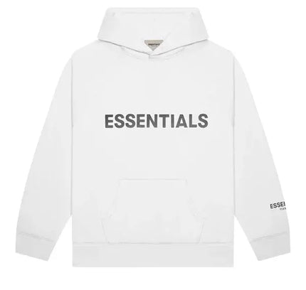 White Fear of God Essentials Pullover Hoodie with gray ESSENTIALS logo from SS20 drop