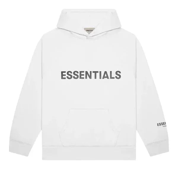 White Fear of God Essentials Pullover Hoodie with gray ESSENTIALS logo from SS20 drop