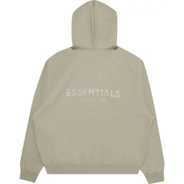 Beige Fear of God Essentials Pullover Hoodie with ESSENTIALS text on the back