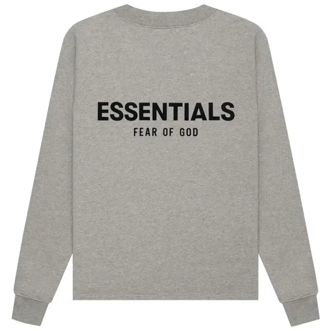 Gray long-sleeved Fear of God Essentials Relaxed Crewneck shirt for stylish casual wear