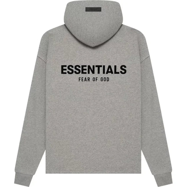 Grey hoodie featuring ESSENTIALS FEAR OF GOD text on the back, perfect for casual wear