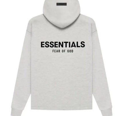 Gray Essentials Relaxed Hoodie featuring Fear of God text for streetwear enthusiasts