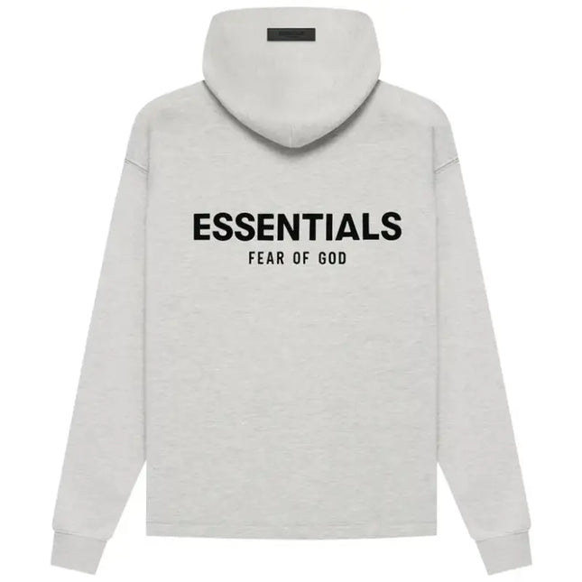 Gray Essentials Relaxed Hoodie featuring Fear of God text for streetwear enthusiasts