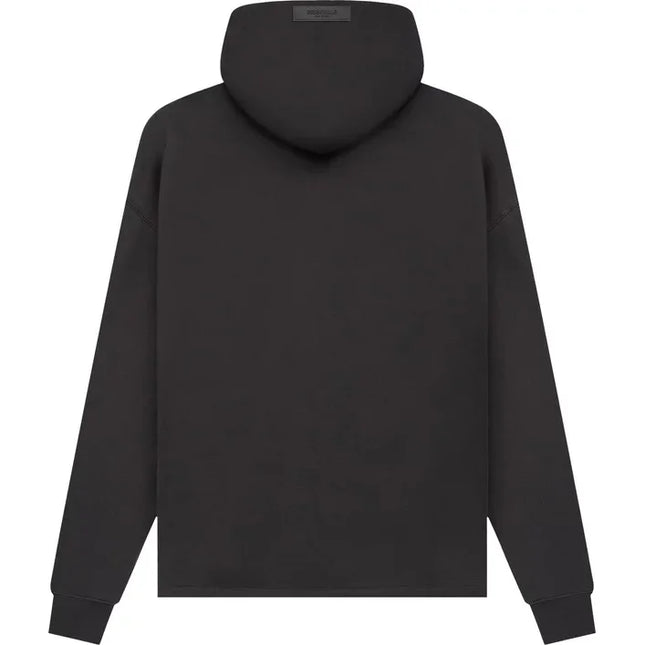 Black hooded sweatshirt back view from Fear of God Essentials Relaxed Hoodie collection