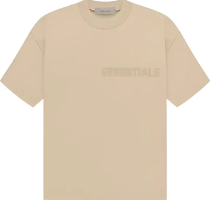 Beige Fear of God Essentials SS Tee featuring a minimalist design on the chest