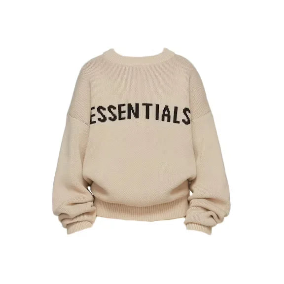 Beige knit sweater with ESSENTIALS text from God Essentials SSENSE Exclusive for kids