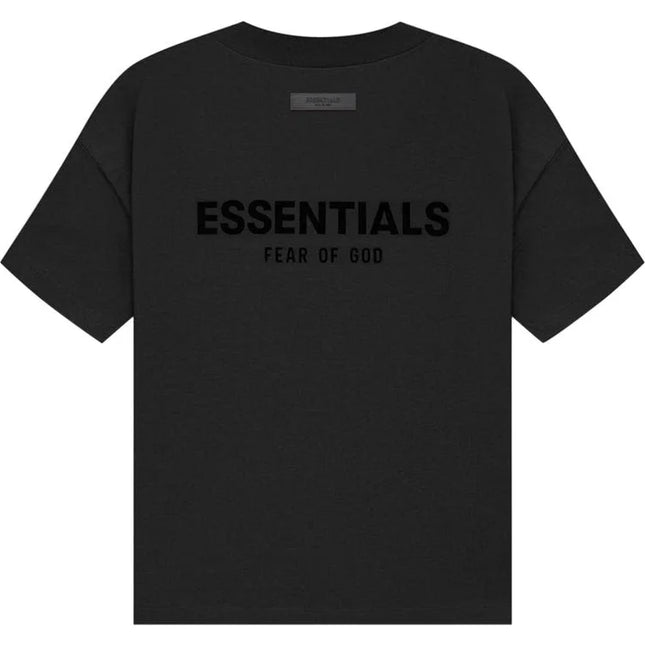 Black round front-neck Fear of God Essentials T-shirt with logo print on front