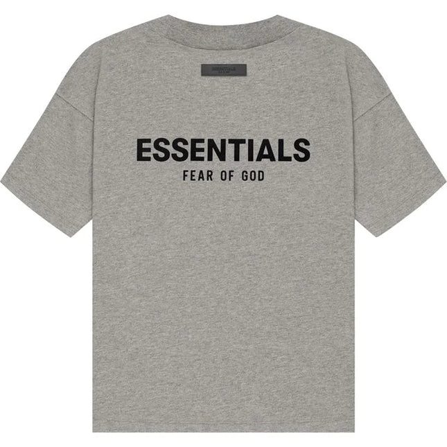 Grey God Essentials T-shirt with black ’ESSENTIALS FEAR OF GOD’ print, a standout piece