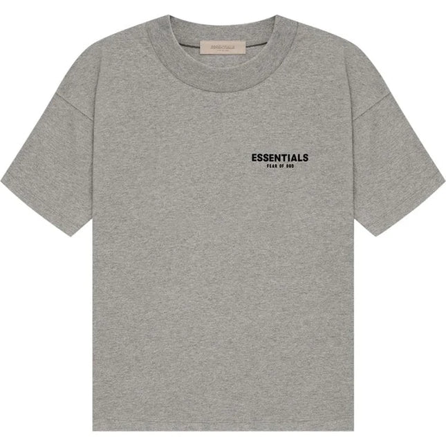 Gray God Essentials T-shirt with ESSENTIALS text on chest, a standout piece for SS22