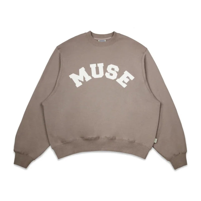 Taupe French Terry Sweatshirt with MUSE text in white, perfect for clean-cut season