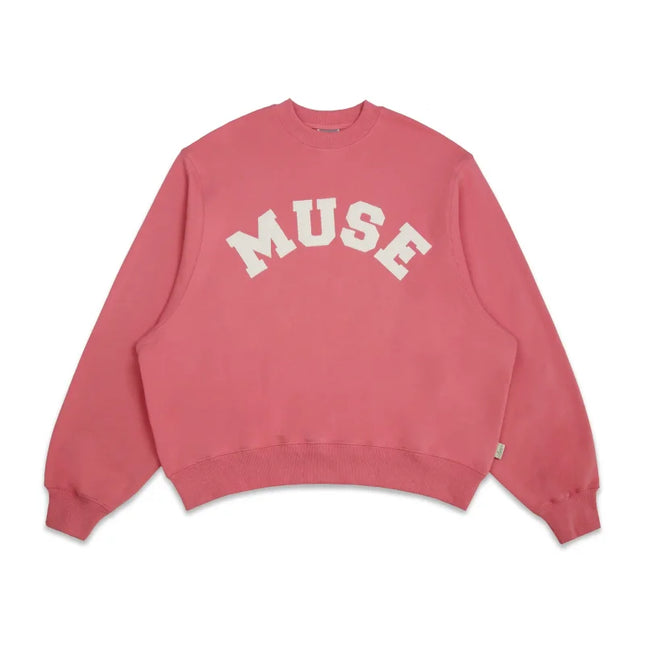 Pink French Terry Sweatshirt featuring ’MUSE’ in cream-colored letters on cotton fabric