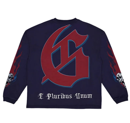 Dark blue Godspeed Checkmate LS T-Shirt with striking digital art, flames, skulls, 10oz mid-weight washed fabric