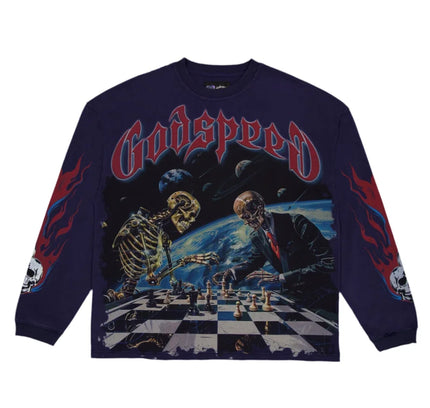 Dark blue Godspeed Checkmate LS T-Shirt with striking digital art of skeletons playing chess