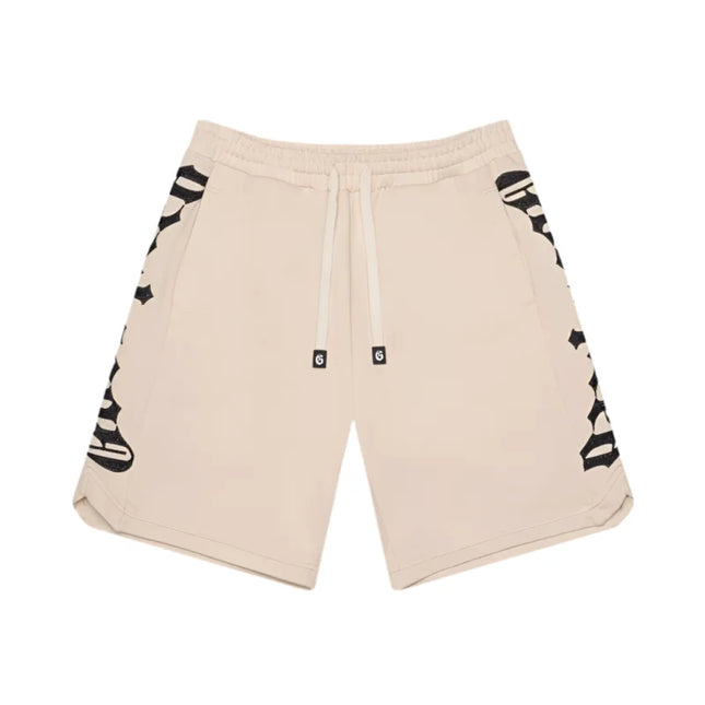 Light beige Godspeed CourtSide Shorts with black side panels in gsm french terry fabric