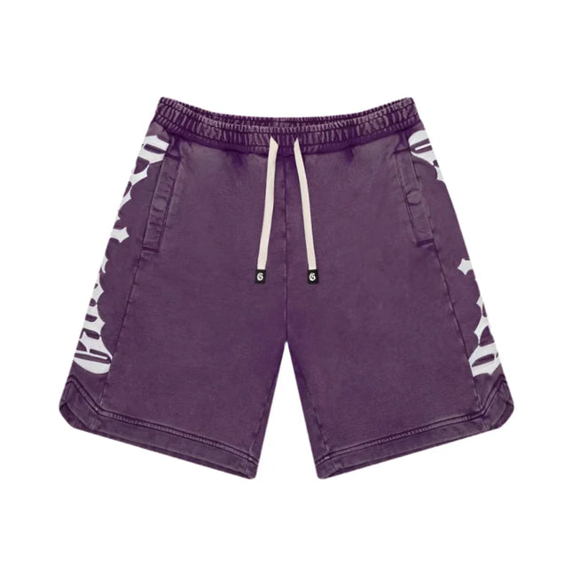 Purple Godspeed CourtSide Shorts with white accents, off-white drawstring, made of gsm French terry