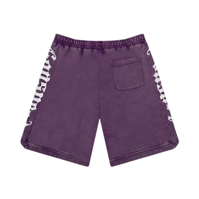 Purple Godspeed CourtSide Shorts with white patterned side stripes and back pocket