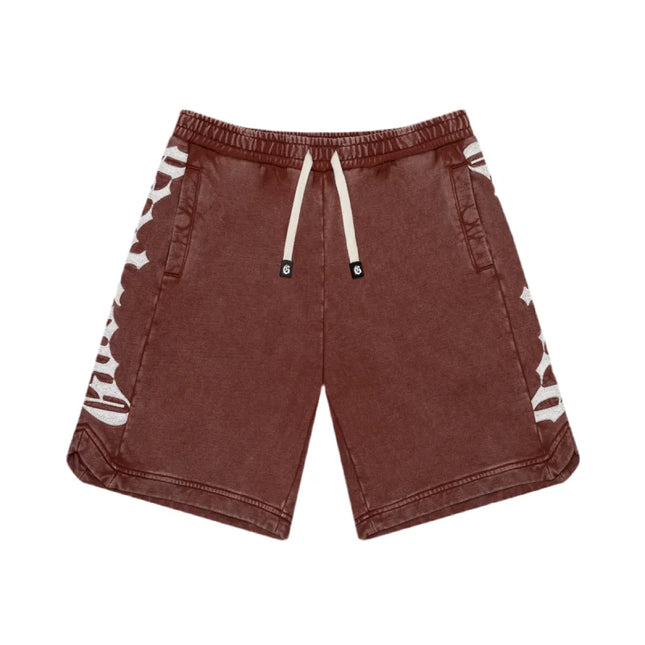 Distressed maroon Godspeed CourtSide Shorts with white wavy stripes in gsm French terry