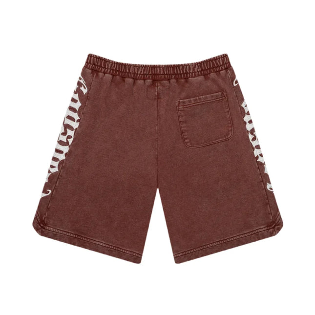 Brown distressed Godspeed CourtSide Shorts with white side stripes, made from gsm french terry