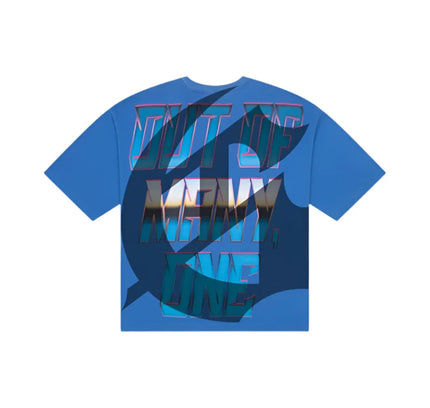 Blue short-sleeved T-shirt with graphic design featuring the Godspeed Memento Vivere Latin phrase