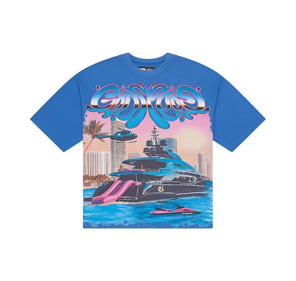 Blue Godspeed Memento Vivere T-shirt with yacht, helicopter, and cityscape sunset print