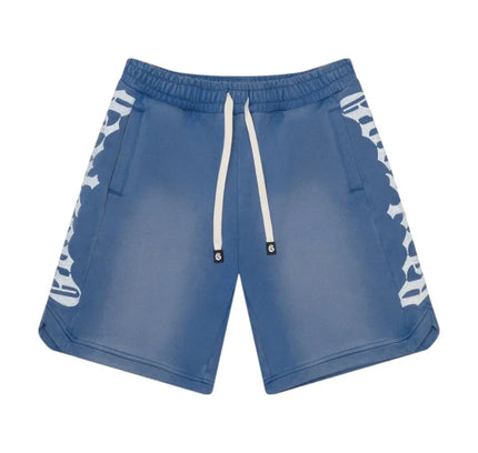 Blue godspeed mens courtside shorts with white drawstring and side panel graphics