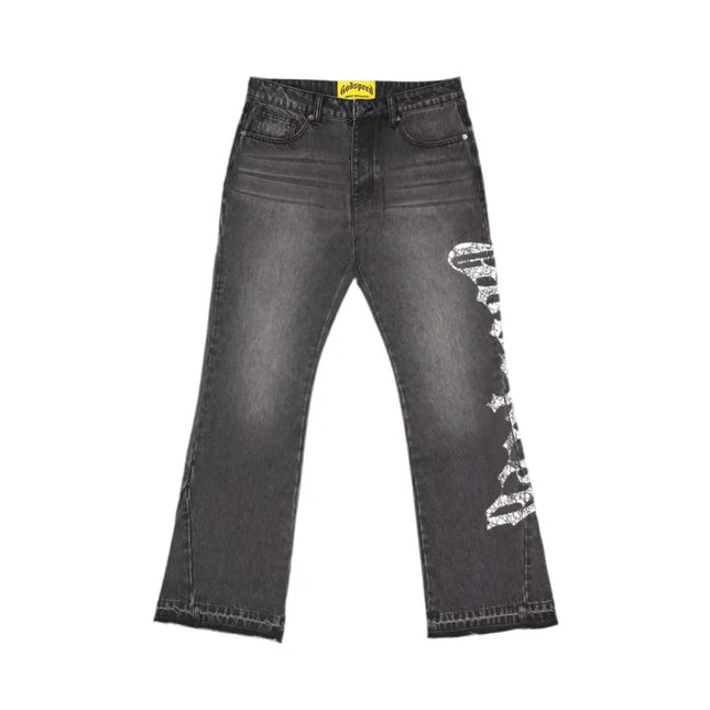 Dark gray distressed denim jeans with graphic print for Nike Dunk or Jordan 4 fans