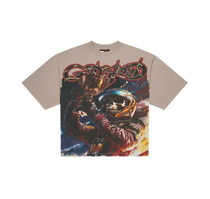 Light brown 10oz mid-weight washed Godspeed Podium Dreams T-shirt with striking digital art of a skeleton racer holding a golden trophy