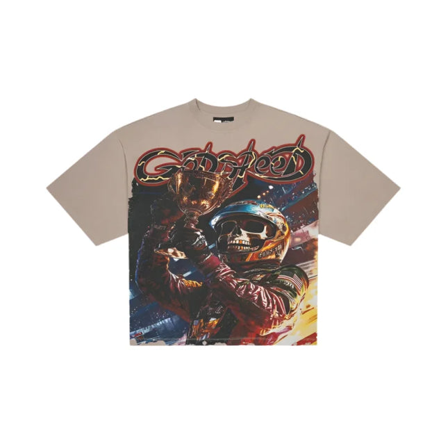 Light brown 10oz mid-weight washed Godspeed Podium Dreams T-shirt with striking digital art of a skeleton racer holding a golden trophy