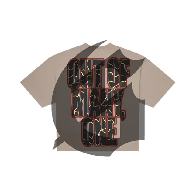 Light brown Godspeed Podium Dreams T-shirt with striking digital art on 10oz mid-weight washed fabric