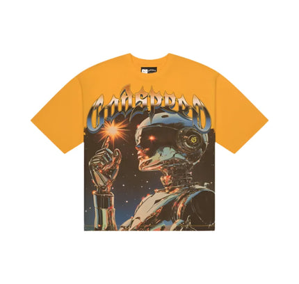Mustard yellow Godspeed Sputnik T-shirt with metallic robot graphic on 10oz mid-weight washed fabric