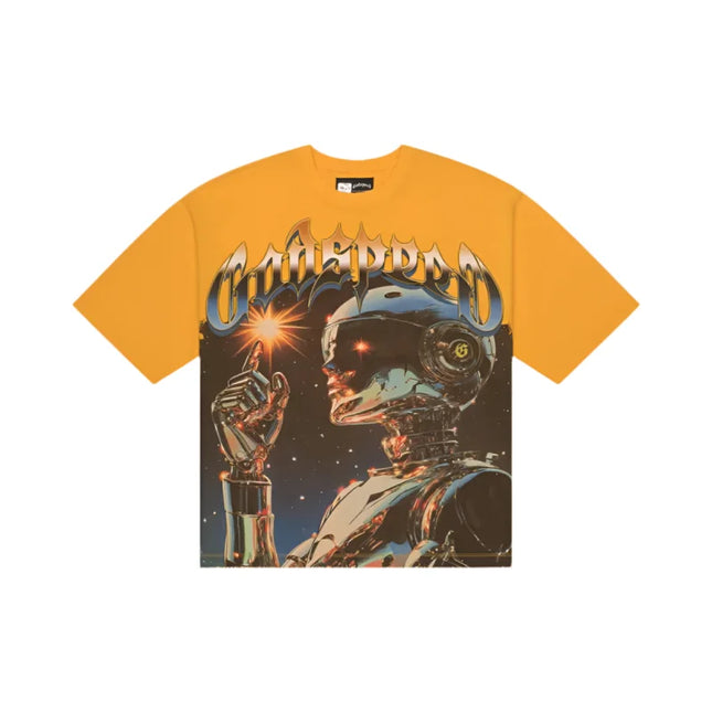 Mustard yellow Godspeed Sputnik T-shirt with metallic robot graphic on 10oz mid-weight washed fabric