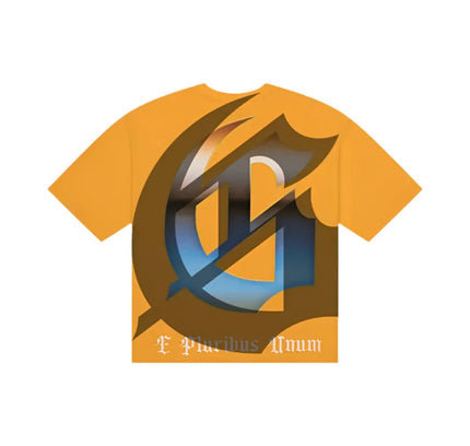 Orange Godspeed Sputnik T-shirt with stylized G design in 10oz mid-weight washed fabric